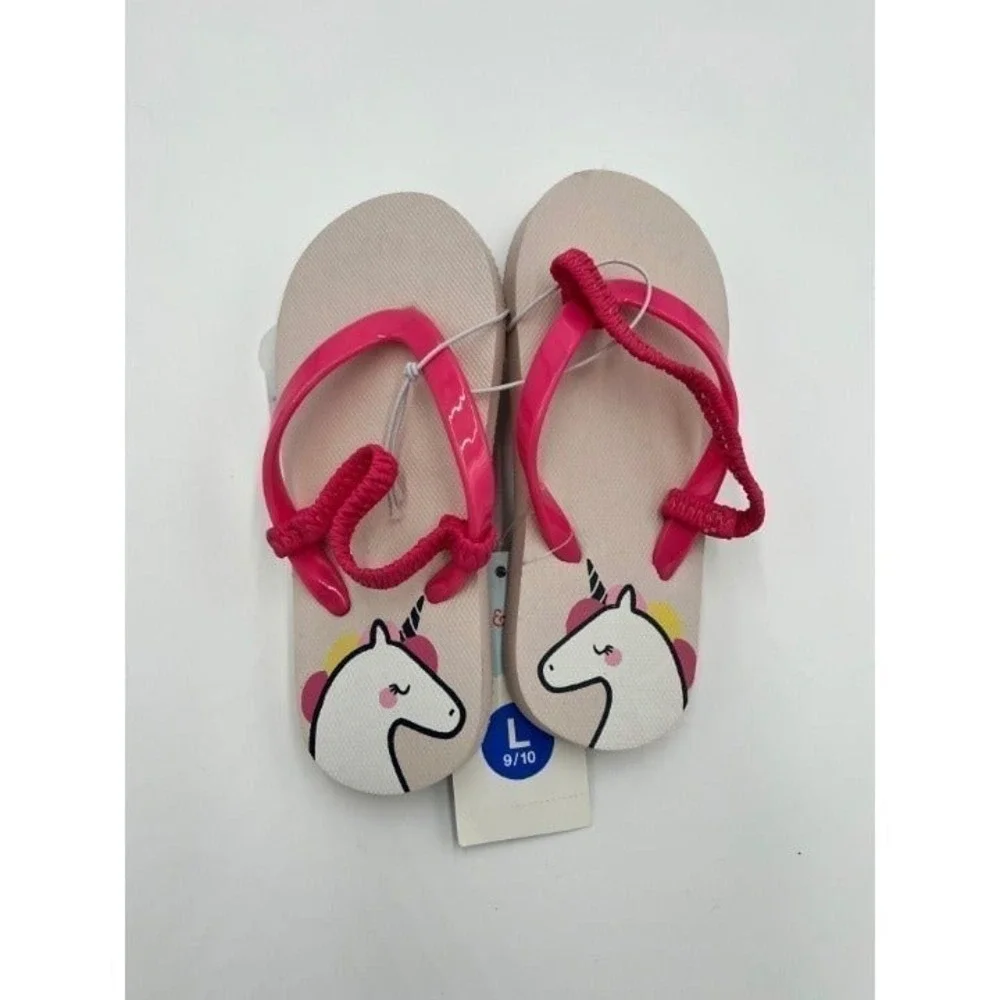 Cat Jack Toddler Girls Flip Flops Sandals Unicorn Print Pink Straps Size L 9‎ 10